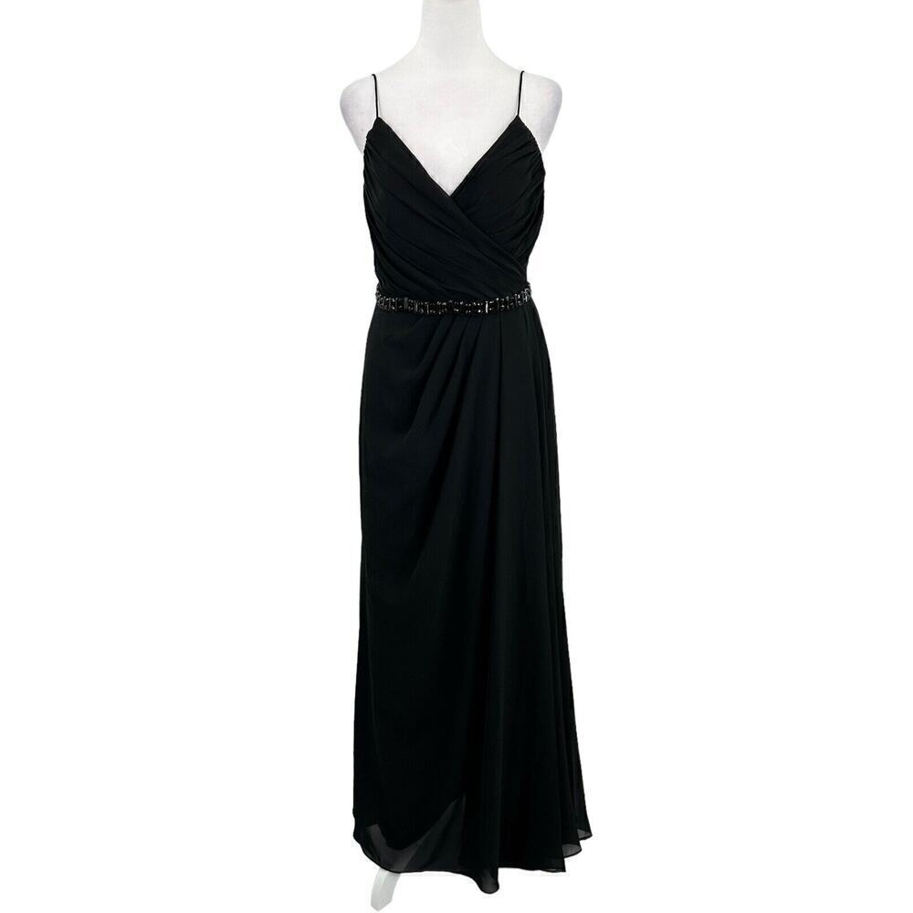 Lillian’s V Neck Faux Wrap Beaded Banding Waist Black Formal Dress Gown Size 6